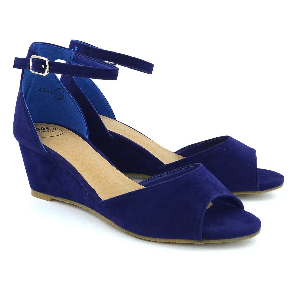 LOTTIE Mid Sandal Wedge Heels Bridal Shoes with Buckle Up Ankle Strap in Navy sold by XYlondon product image thumbnail 3