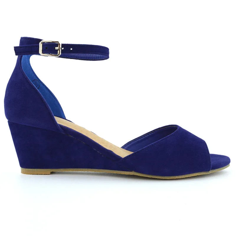 LOTTIE Mid Sandal Wedge Heels Bridal Shoes with Buckle Up Ankle Strap in Navy sold by XYlondon