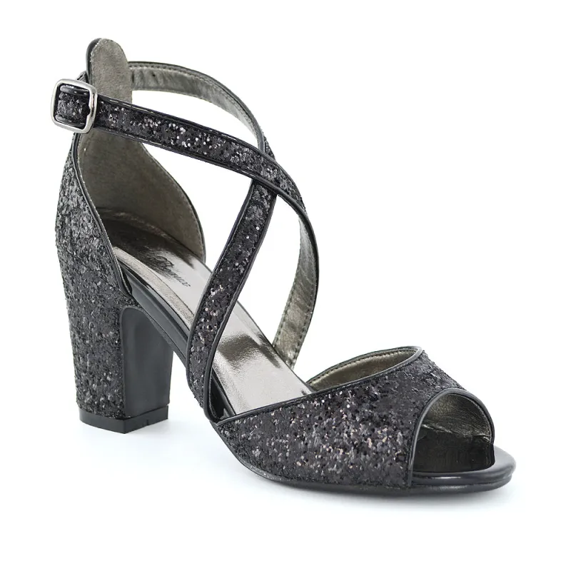 HARLOW CROSS OVER STRAPPY BUCKLE PEEP TOE BLOCK HIGH HEELS IN BLACK GLITTER sold by XYlondon