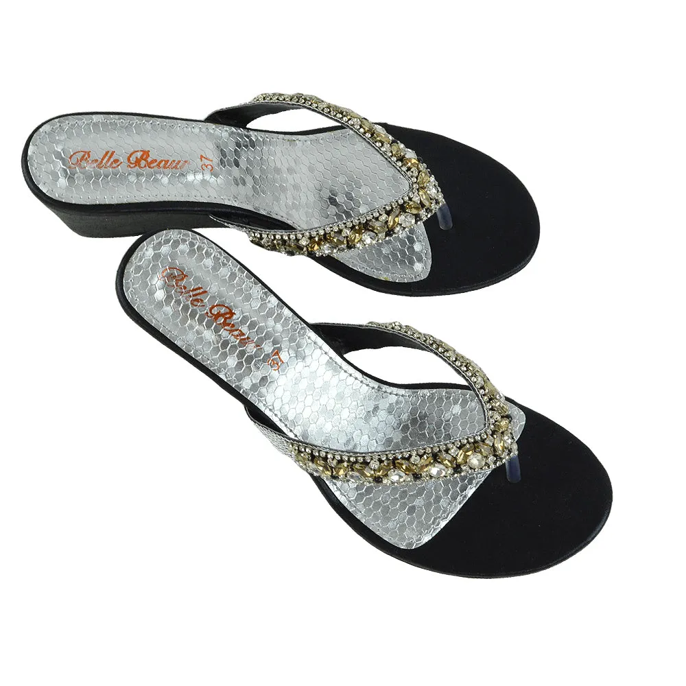 Delilah Toe Post Diamante Strappy Wedge Heel Sandal Mules In Black sold by XYlondon product image thumbnail 5