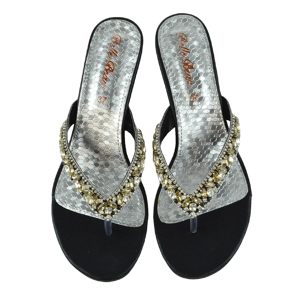 Delilah Toe Post Diamante Strappy Wedge Heel Sandal Mules In Black sold by XYlondon product image thumbnail 4