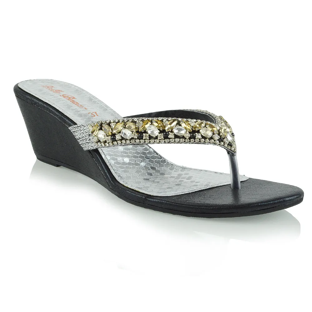Delilah Toe Post Diamante Strappy Wedge Heel Sandal Mules In Black sold by XYlondon