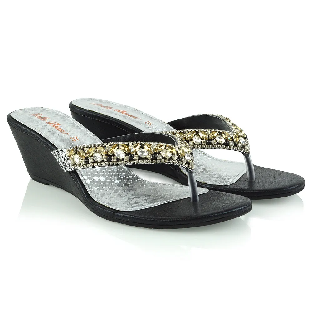 Delilah Toe Post Diamante Strappy Wedge Heel Sandal Mules In Black sold by XYlondon product image thumbnail 3