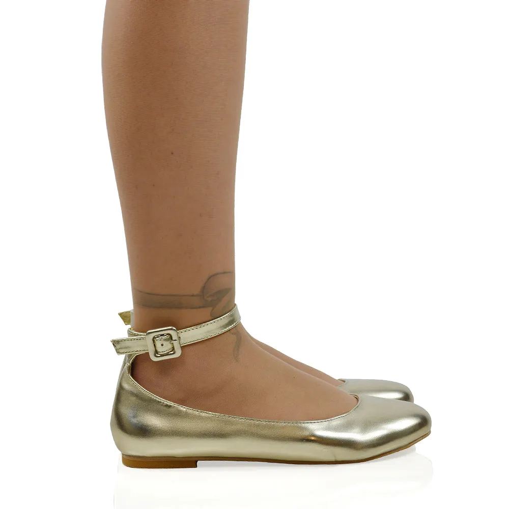 KIMMIE BALLERINA LOW BLOCK HIGH HEEL BUCKLE STRAPPY PUMP FLAT SHOES in Gold Metallic sold by XYlondon product image thumbnail 4