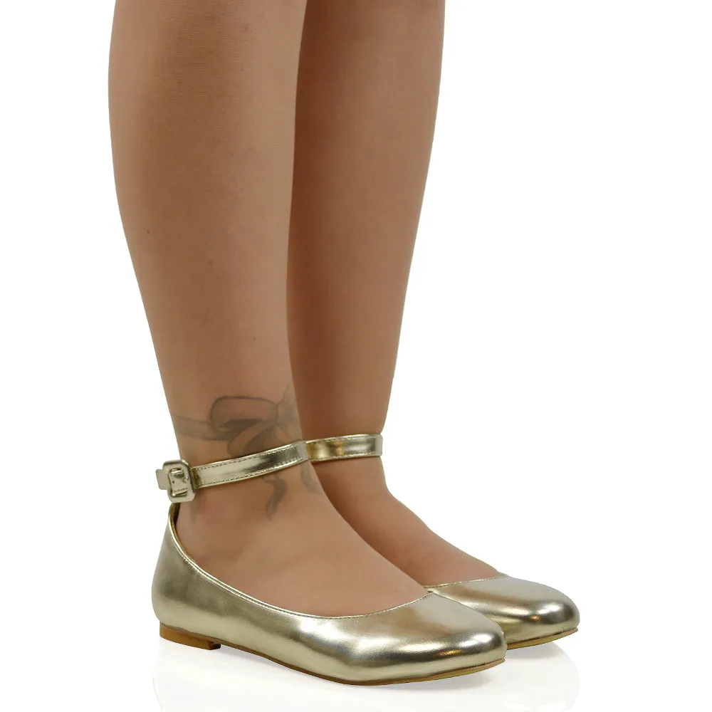 KIMMIE BALLERINA LOW BLOCK HIGH HEEL BUCKLE STRAPPY PUMP FLAT SHOES in Gold Metallic sold by XYlondon product image thumbnail 3