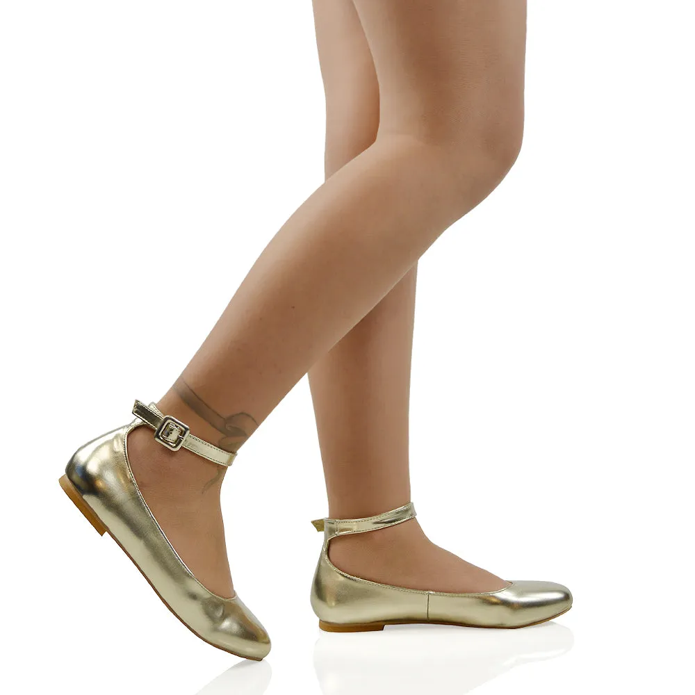 KIMMIE BALLERINA LOW BLOCK HIGH HEEL BUCKLE STRAPPY PUMP FLAT SHOES in Gold Metallic sold by XYlondon product image thumbnail 5