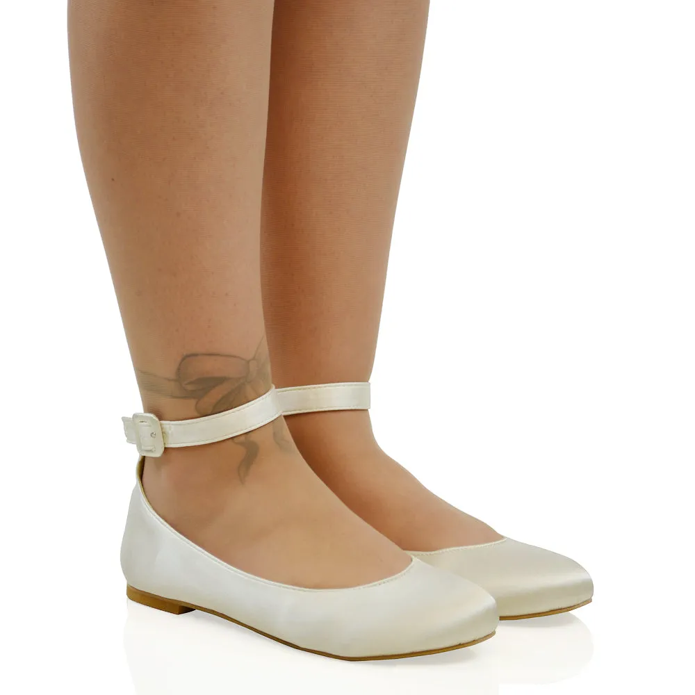 KIMMIE BALLERINA LOW BLOCK HIGH HEEL BUCKLE STRAPPY PUMP FLAT SHOES in Ivory Satin sold by XYlondon product image thumbnail 3