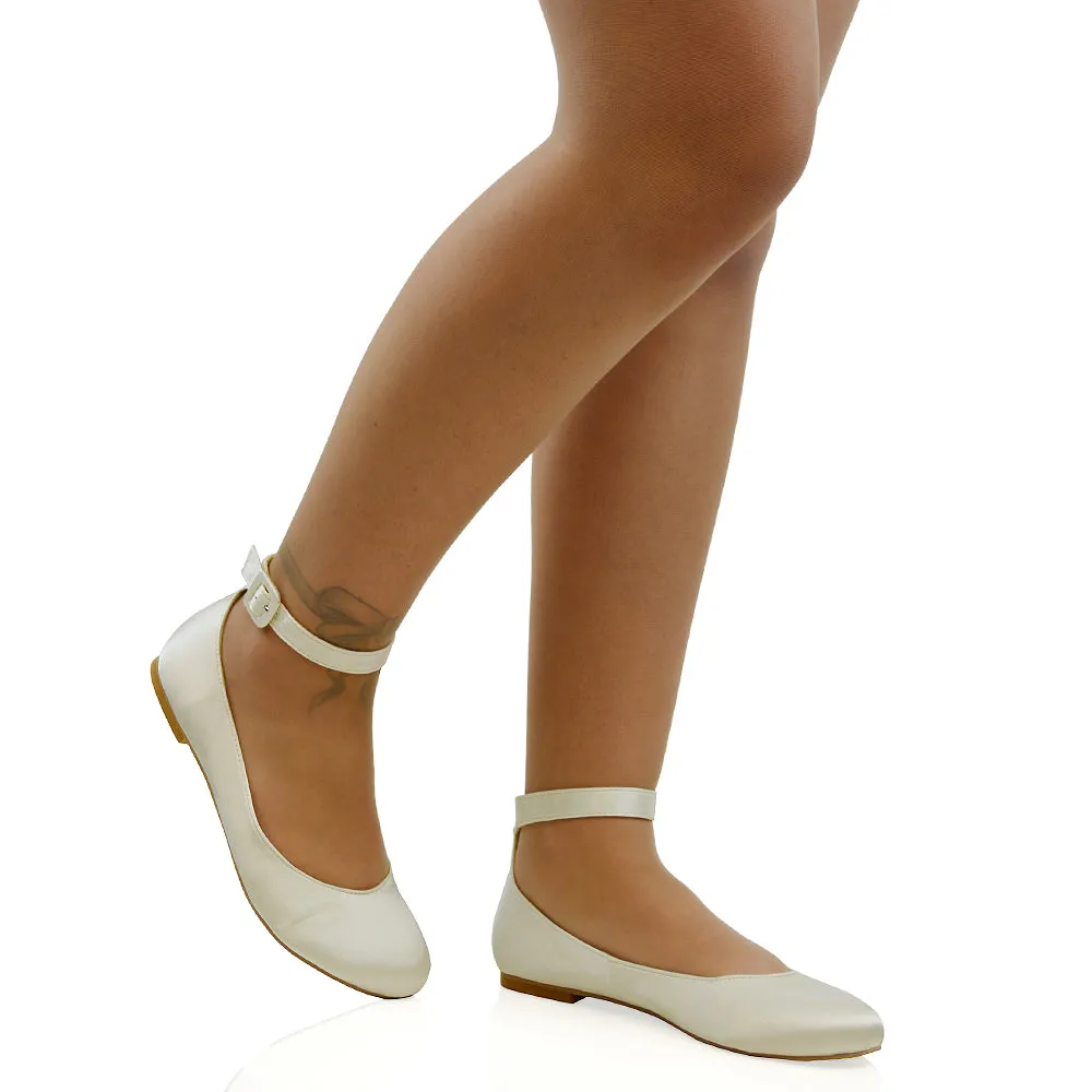 KIMMIE BALLERINA LOW BLOCK HIGH HEEL BUCKLE STRAPPY PUMP FLAT SHOES in Ivory Satin sold by XYlondon product image thumbnail 2