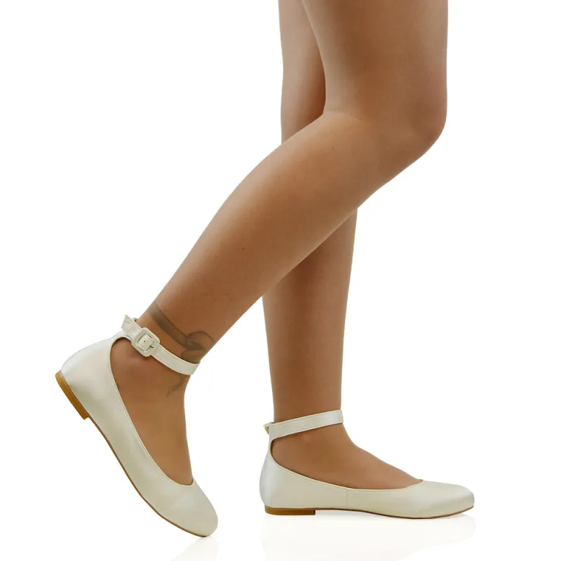 KIMMIE BALLERINA LOW BLOCK HIGH HEEL BUCKLE STRAPPY PUMP FLAT SHOES in Ivory Satin sold by XYlondon