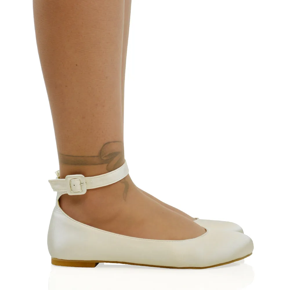 KIMMIE BALLERINA LOW BLOCK HIGH HEEL BUCKLE STRAPPY PUMP FLAT SHOES in Ivory Satin sold by XYlondon product image thumbnail 4