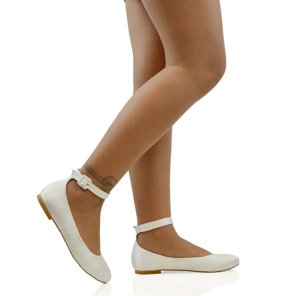 KIMMIE BALLERINA LOW BLOCK HIGH HEEL BUCKLE STRAPPY PUMP FLAT SHOES in White Satin sold by XYlondon