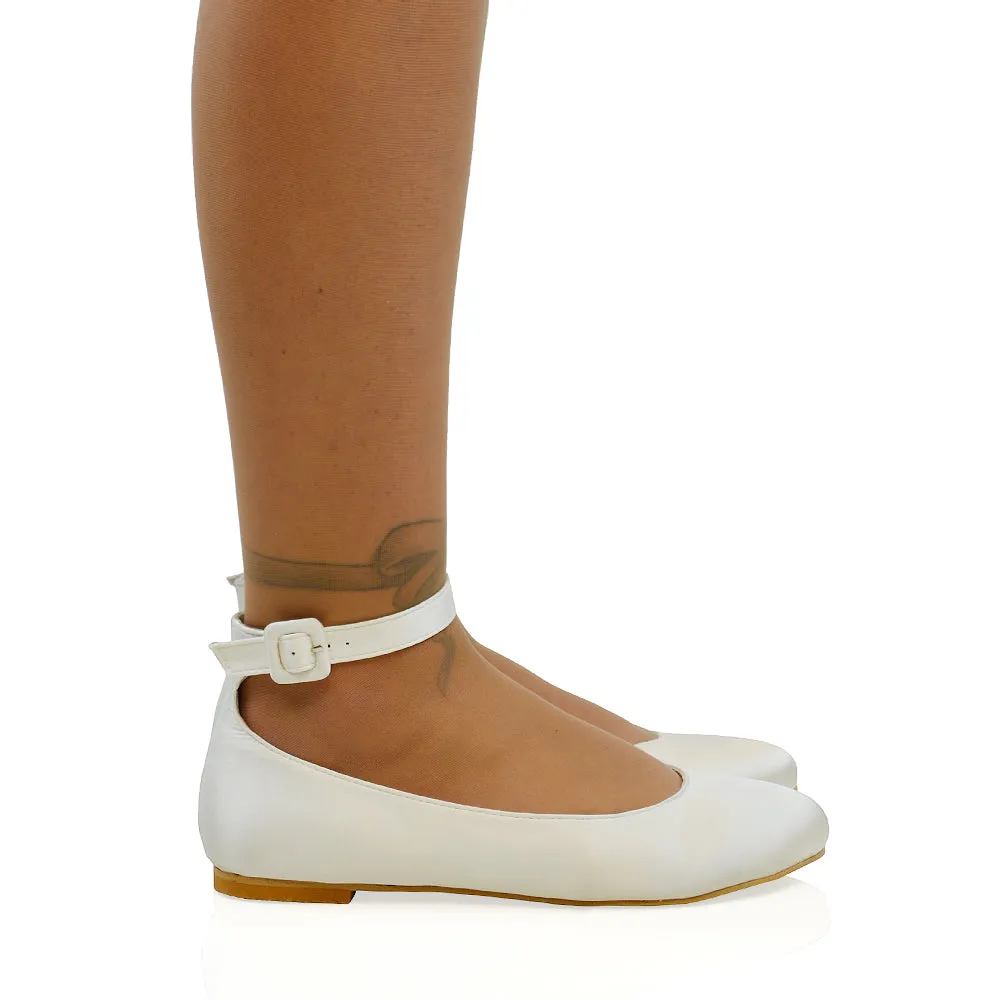 KIMMIE BALLERINA LOW BLOCK HIGH HEEL BUCKLE STRAPPY PUMP FLAT SHOES in White Satin sold by XYlondon product image thumbnail 2