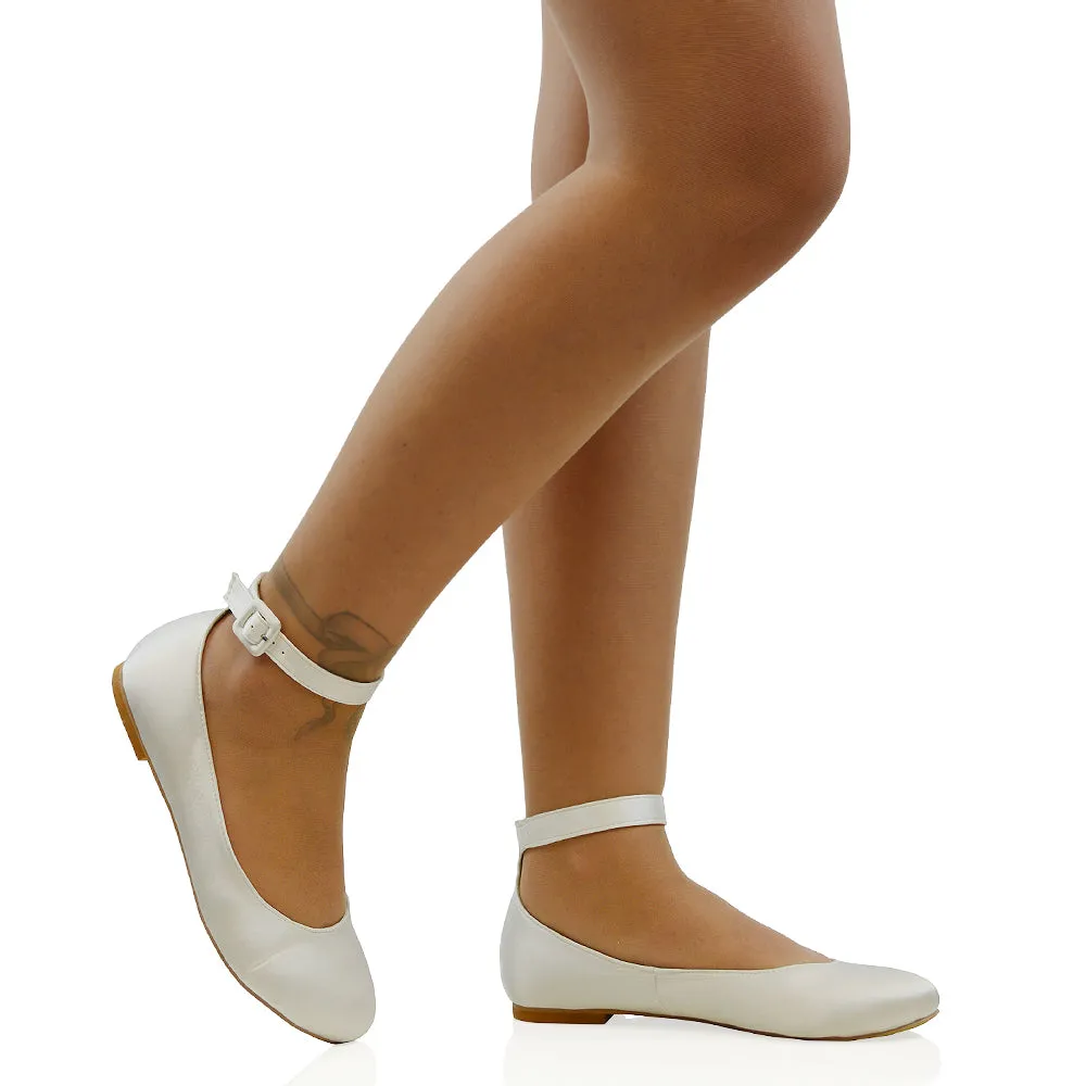 KIMMIE BALLERINA LOW BLOCK HIGH HEEL BUCKLE STRAPPY PUMP FLAT SHOES in White Satin sold by XYlondon product image thumbnail 3