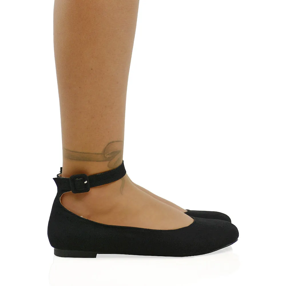 KIMMIE BALLERINA LOW BLOCK HIGH HEEL BUCKLE STRAPPY PUMP FLAT SHOES in Black Faux Suede sold by XYlondon product image thumbnail 2