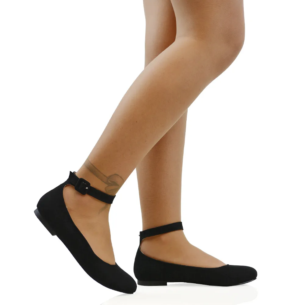 KIMMIE BALLERINA LOW BLOCK HIGH HEEL BUCKLE STRAPPY PUMP FLAT SHOES in Black Faux Suede sold by XYlondon product image thumbnail 5