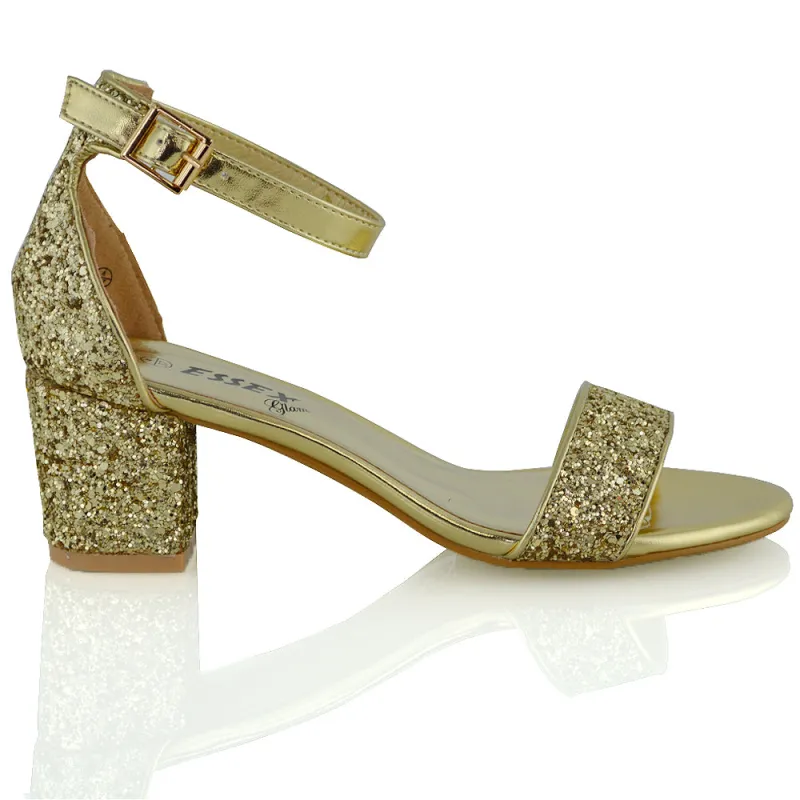 RITA BUCKLE UP ANKLE STRAP LOW MID-BLOCK HIGH HEEL SANDALS IN GOLD GLITTER sold by XYlondon