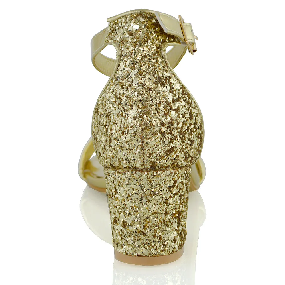 RITA BUCKLE UP ANKLE STRAP LOW MID-BLOCK HIGH HEEL SANDALS IN GOLD GLITTER sold by XYlondon product image thumbnail 4