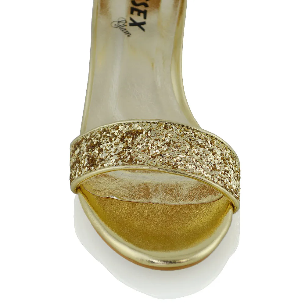 RITA BUCKLE UP ANKLE STRAP LOW MID-BLOCK HIGH HEEL SANDALS IN GOLD GLITTER sold by XYlondon product image thumbnail 3