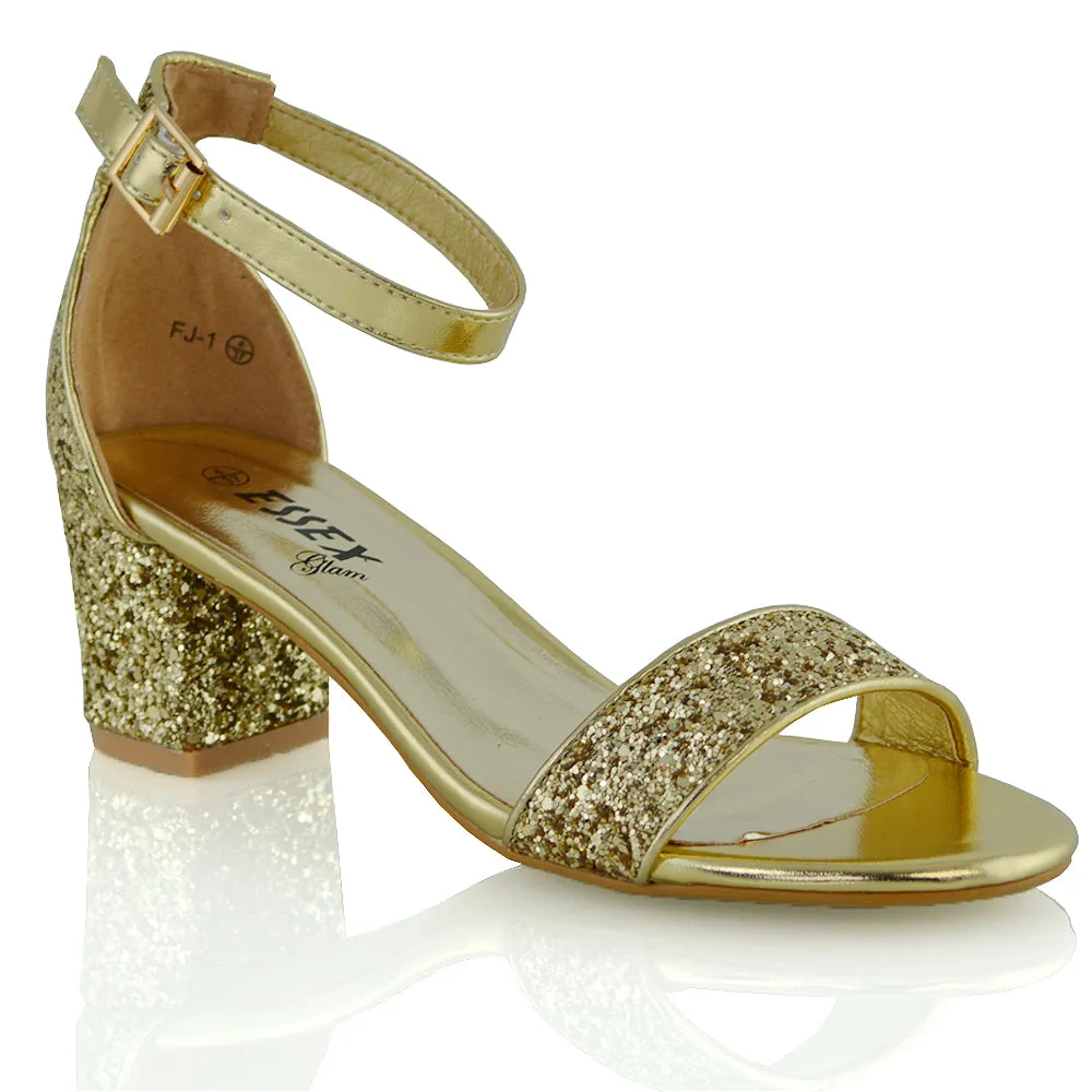 RITA BUCKLE UP ANKLE STRAP LOW MID-BLOCK HIGH HEEL SANDALS IN GOLD GLITTER sold by XYlondon product image thumbnail 5