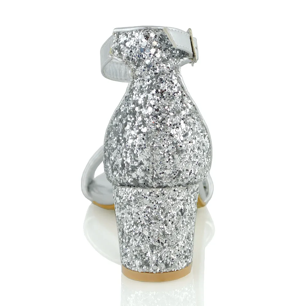 RITA BUCKLE UP ANKLE STRAP LOW MID-BLOCK HIGH HEEL SANDALS IN SILVER GLITTER sold by XYlondon product image thumbnail 3