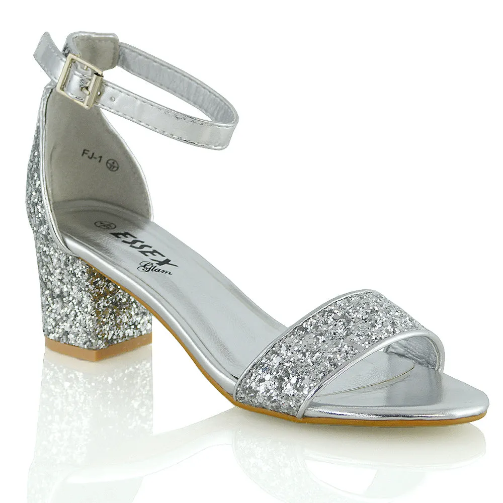 RITA BUCKLE UP ANKLE STRAP LOW MID-BLOCK HIGH HEEL SANDALS IN SILVER GLITTER sold by XYlondon product image thumbnail 2