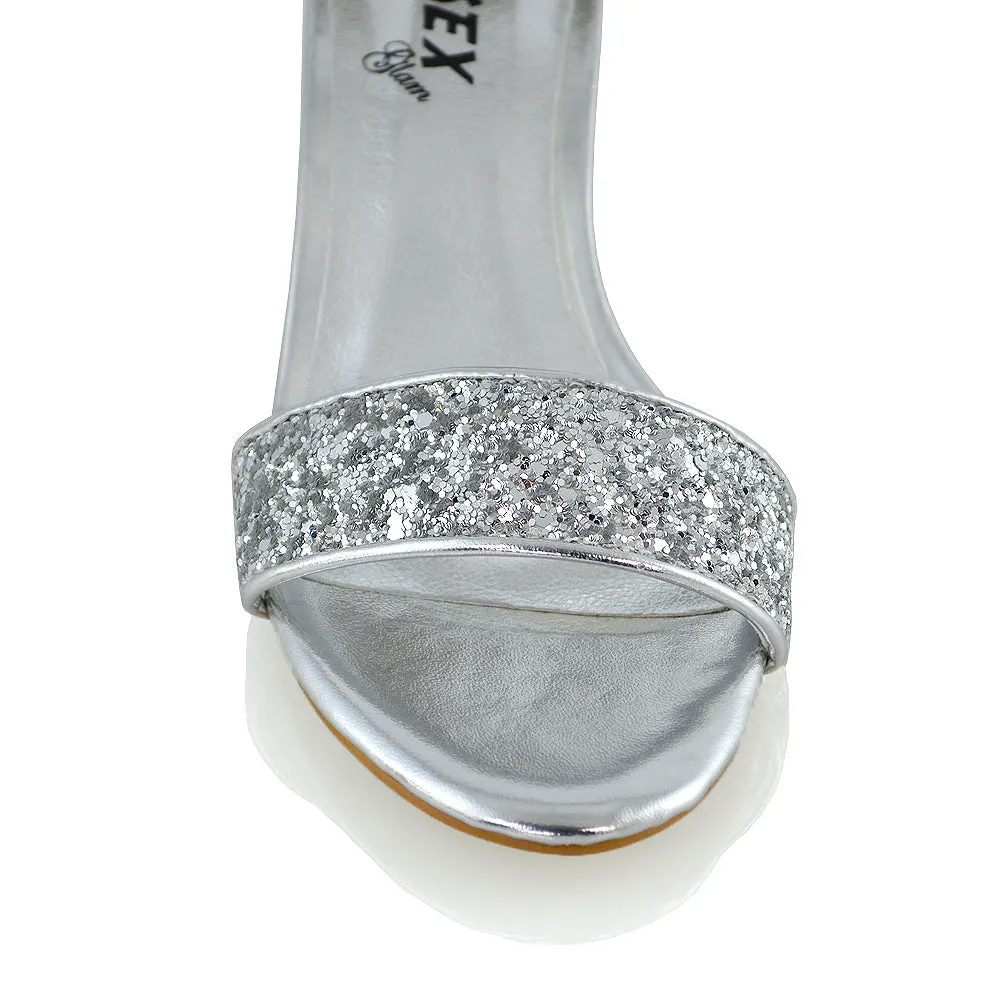RITA BUCKLE UP ANKLE STRAP LOW MID-BLOCK HIGH HEEL SANDALS IN SILVER GLITTER sold by XYlondon product image thumbnail 4