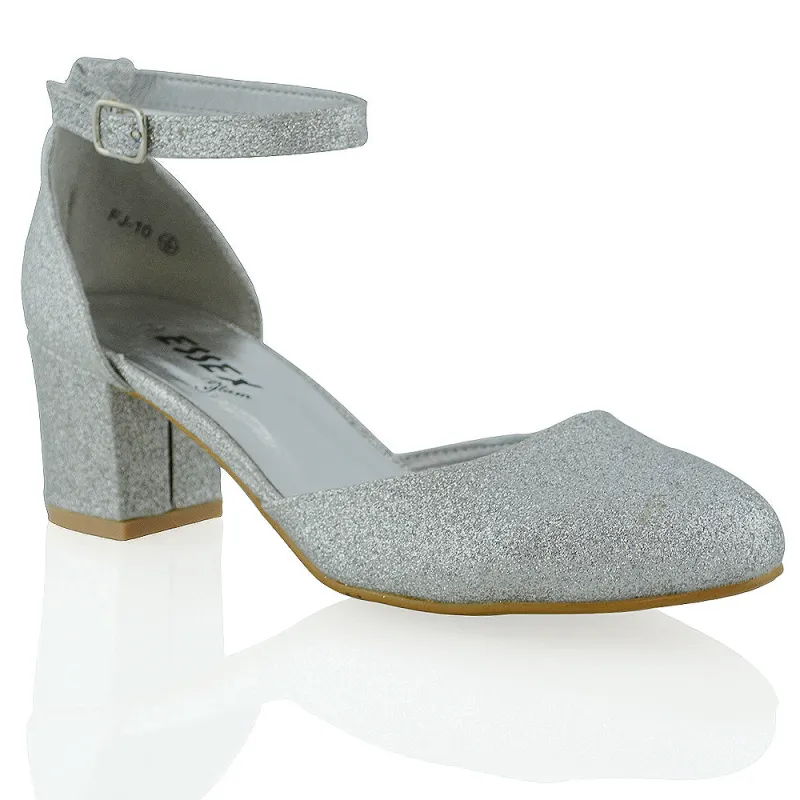 BILLIE-MAY CHUNKY STRAPPY MID BLOCK HIGH HEELS COURT SHOES IN SILVER GLITTER sold by XYlondon