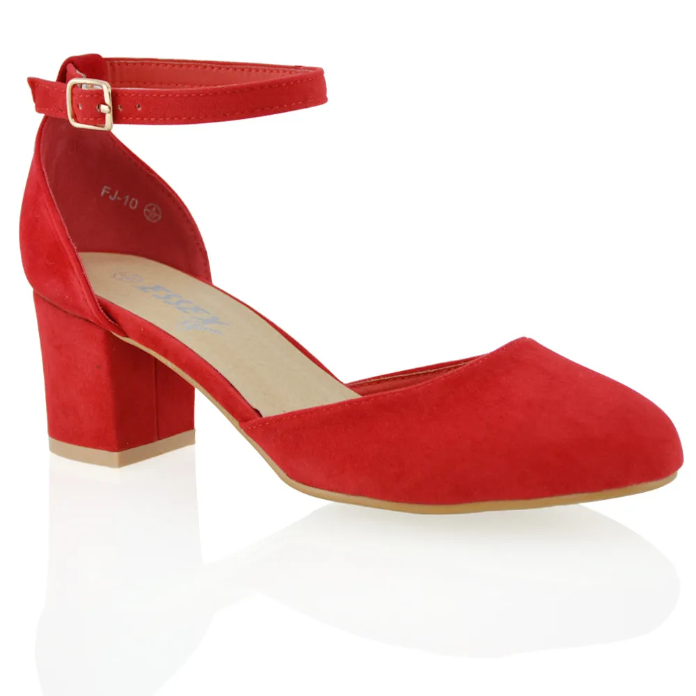 Billie May Womens Chunky Strappy Mid Block Heels Fashion Court Shoes IN RED sold by XYlondon