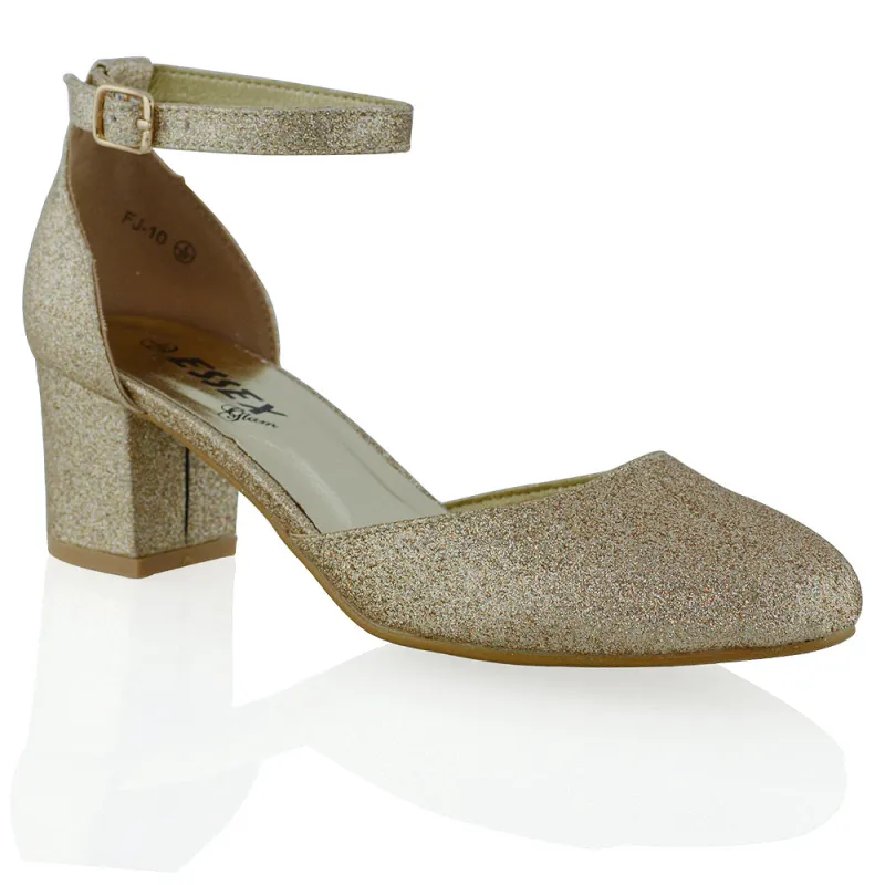 BILLIE-MAY CHUNKY STRAPPY MID BLOCK HIGH HEELS COURT SHOES IN GOLD GLITTER sold by XYlondon