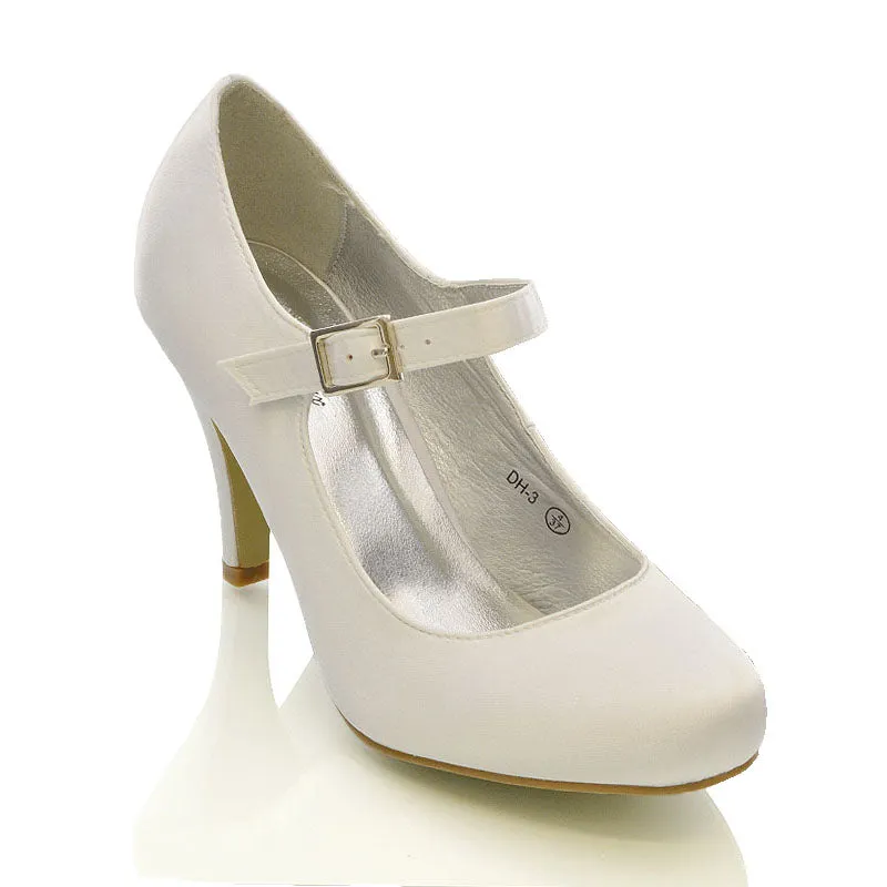 Nadia Strappy Buckle mid Stiletto High Heel Sandals Bridal Shoes for Wedding in White Satin sold by XYlondon