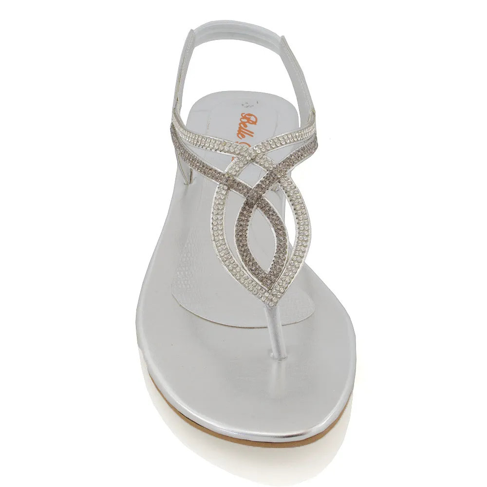 Arabella Diamante Detail Sling Back Strappy Low Heel Toe Post Flat Sandals for Women in Silver sold by XYlondon product image thumbnail 3