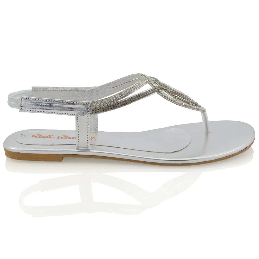 Arabella Diamante Detail Sling Back Strappy Low Heel Toe Post Flat Sandals for Women in Silver sold by XYlondon product image thumbnail 2