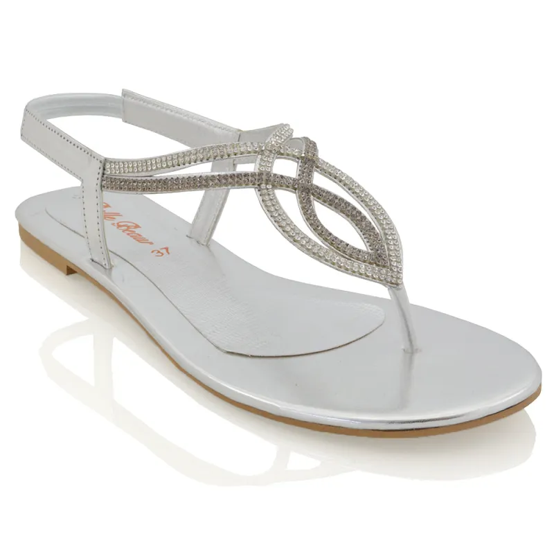 Arabella Diamante Detail Sling Back Strappy Low Heel Toe Post Flat Sandals for Women in Silver sold by XYlondon