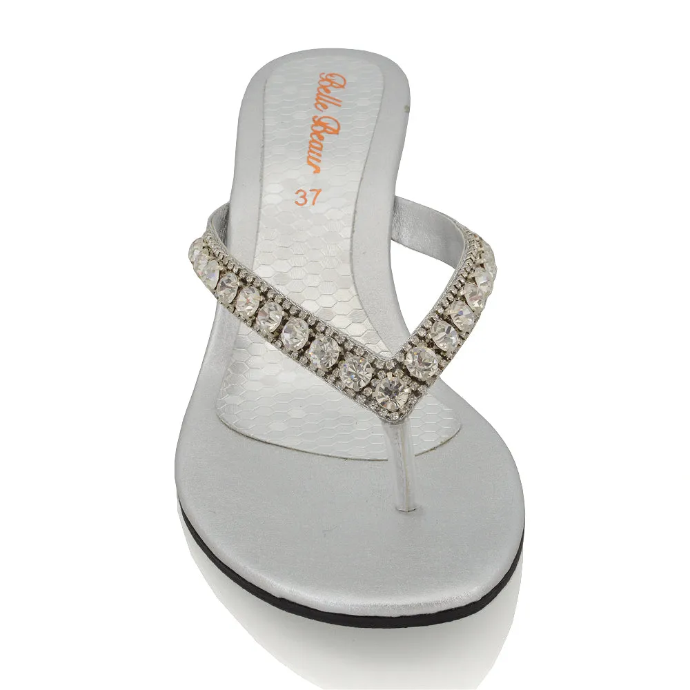 EVA THONG TOE POST STRAPPY SPARKLY GEM STONE DIAMANTE WEDGE SANDALS MID HEELS IN SILVER sold by XYlondon product image thumbnail 3