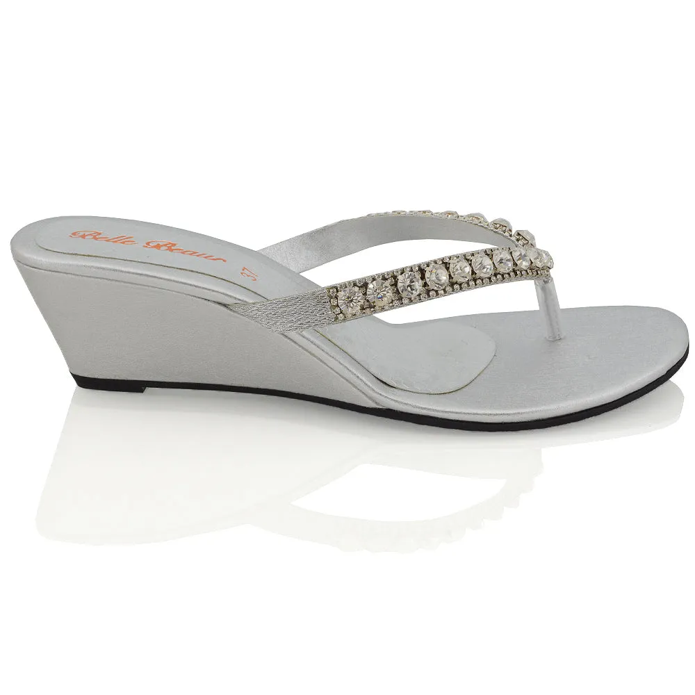 EVA THONG TOE POST STRAPPY SPARKLY GEM STONE DIAMANTE WEDGE SANDALS MID HEELS IN SILVER sold by XYlondon product image thumbnail 2