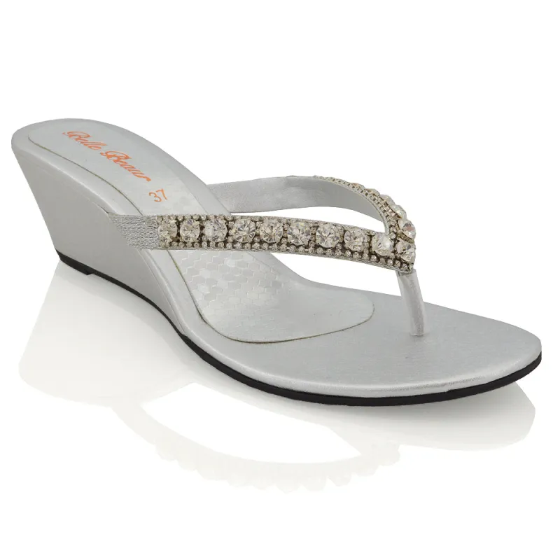 EVA THONG TOE POST STRAPPY SPARKLY GEM STONE DIAMANTE WEDGE SANDALS MID HEELS IN SILVER sold by XYlondon