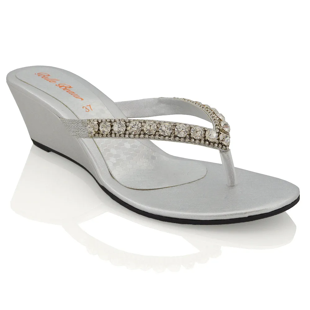 EVA THONG TOE POST STRAPPY SPARKLY GEM STONE DIAMANTE WEDGE SANDALS MID HEELS IN SILVER sold by XYlondon