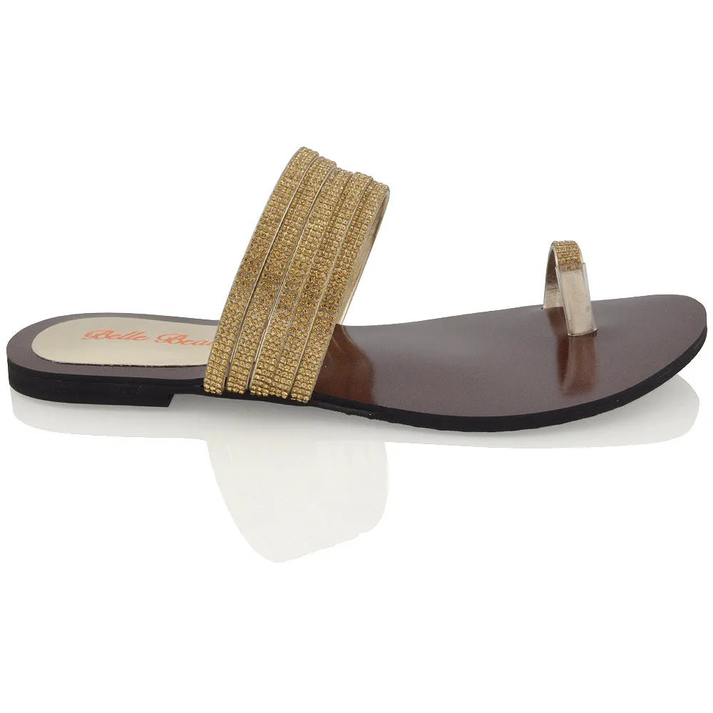 SKYE SLIP ON DAINTY SPARKLY STRAPPY TOE RING POST HIGH SHINE DIAMANTE FLAT SANDALS IN GOLD sold by XYlondon product image thumbnail 3