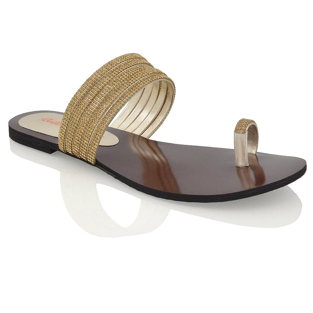 SKYE SLIP ON DAINTY SPARKLY STRAPPY TOE RING POST HIGH SHINE DIAMANTE FLAT SANDALS IN GOLD sold by XYlondon