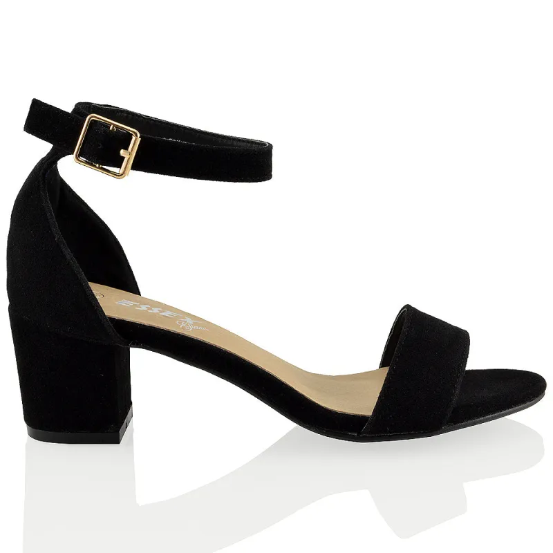 RITA BUCKLE UP ANKLE STRAP LOW MID-BLOCK HIGH HEEL SANDALS IN BLACK FAUX SUEDE sold by XYlondon