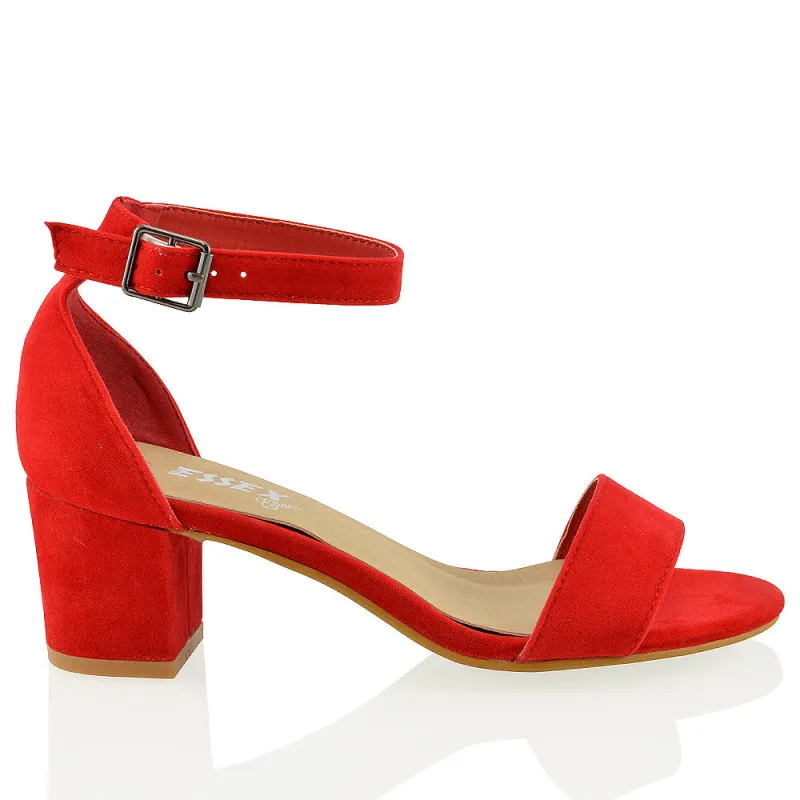 RITA BUCKLE UP ANKLE STRAP LOW MID-BLOCK HIGH HEEL SANDALS IN RED FAUX SUEDE sold by XYlondon
