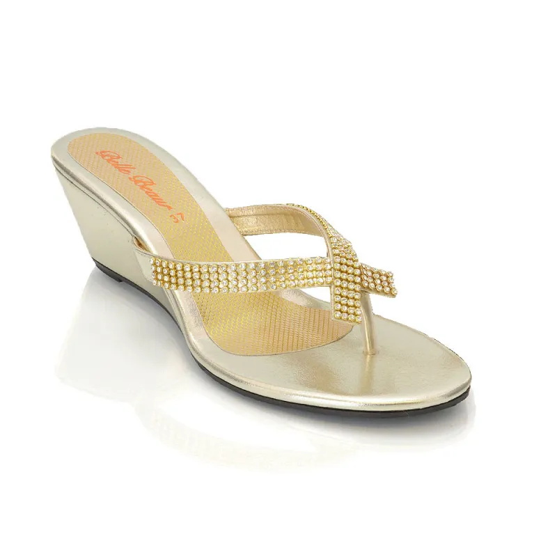 JULIETTA TOE POST SPARKLY DIAMANTE CROSS OVER STRAP SLIP ON WEDGE HEEL SANDALS IN GOLD sold by XYlondon