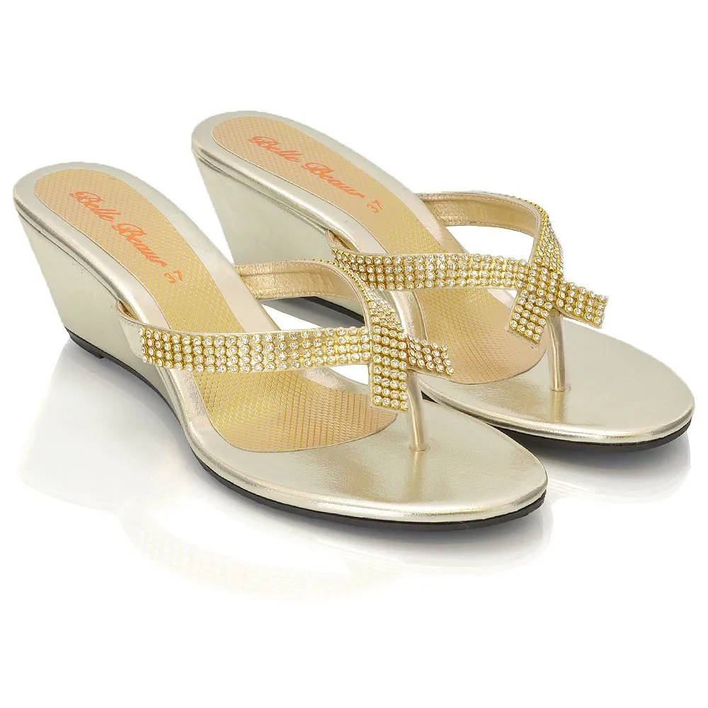 JULIETTA TOE POST SPARKLY DIAMANTE CROSS OVER STRAP SLIP ON WEDGE HEEL SANDALS IN GOLD sold by XYlondon product image thumbnail 5