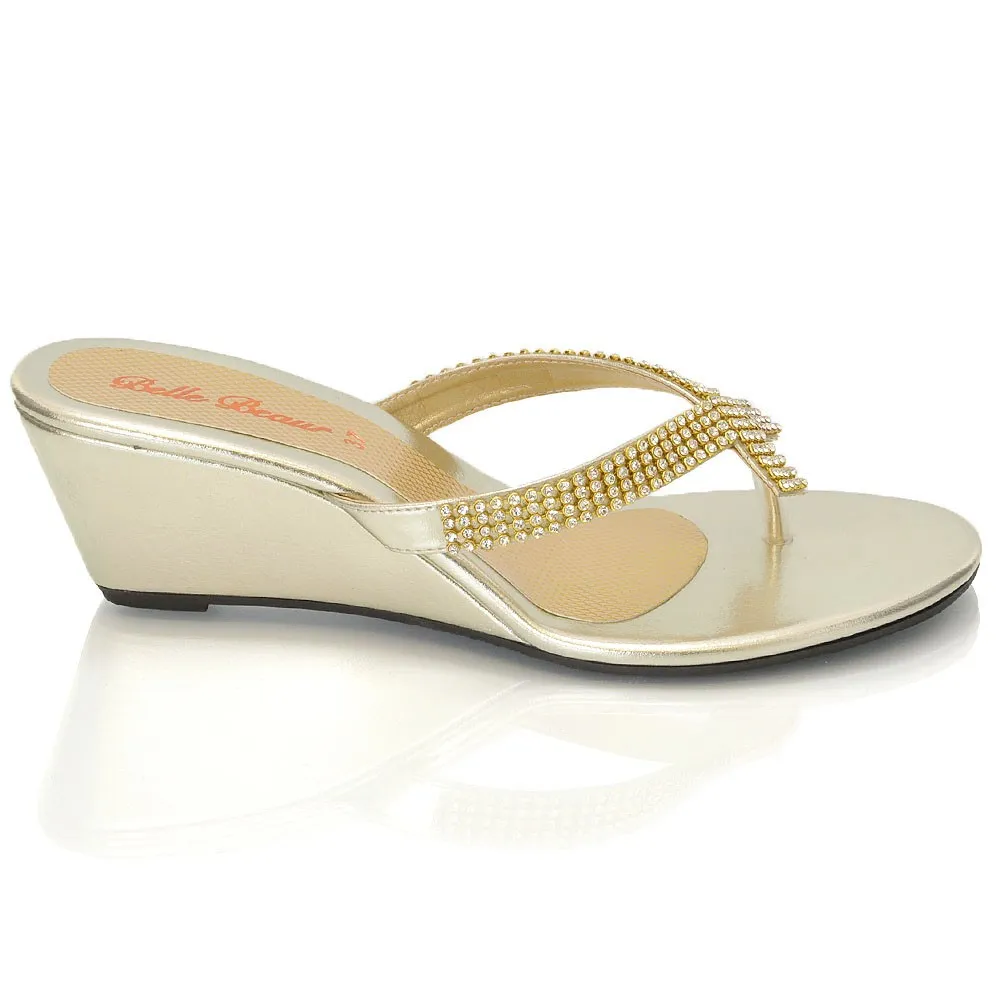 JULIETTA TOE POST SPARKLY DIAMANTE CROSS OVER STRAP SLIP ON WEDGE HEEL SANDALS IN GOLD sold by XYlondon product image thumbnail 4