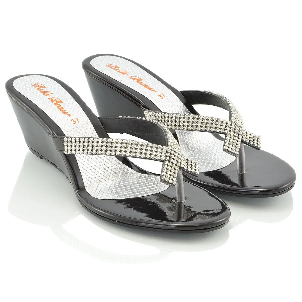 JULIETTA TOE POST SPARKLY DIAMANTE CROSS OVER STRAP SLIP ON WEDGE HEEL SANDALS IN BLACK sold by XYlondon product image thumbnail 5