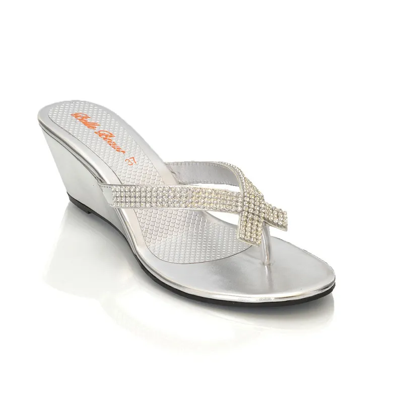 JULIETTA TOE POST SPARKLY DIAMANTE CROSS OVER STRAP SLIP ON WEDGE HEEL SANDALS IN SILVER sold by XYlondon