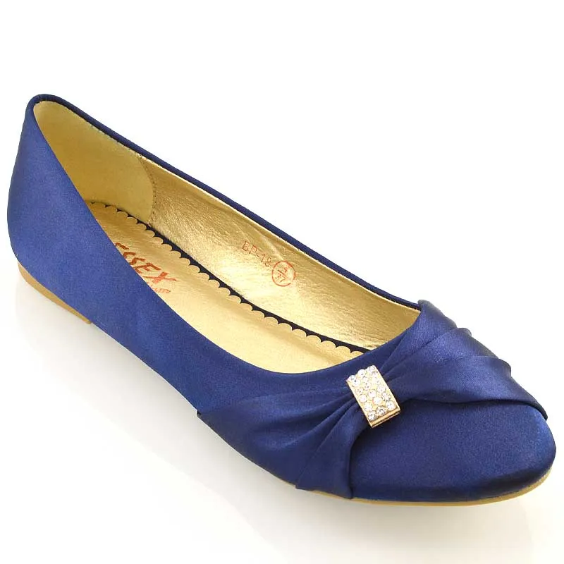 GABRIELA FLAT RUCHED DIAMANTE SPARKLY BROOCH CLASSIC WEDDING BRIDAL BALLERINA PUMPS IN NAVY SATIN sold by XYlondon