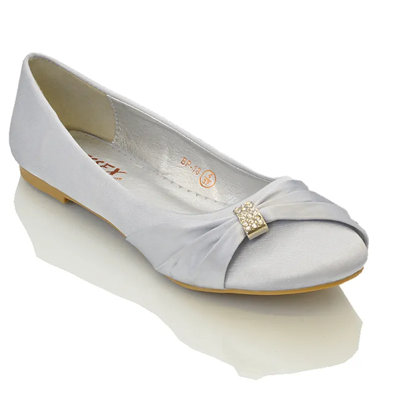 GABRIELA FLAT RUCHED DIAMANTE SPARKLY BROOCH CLASSIC WEDDING BRIDAL BALLERINA PUMPS IN SILVER SATIN sold by XYlondon