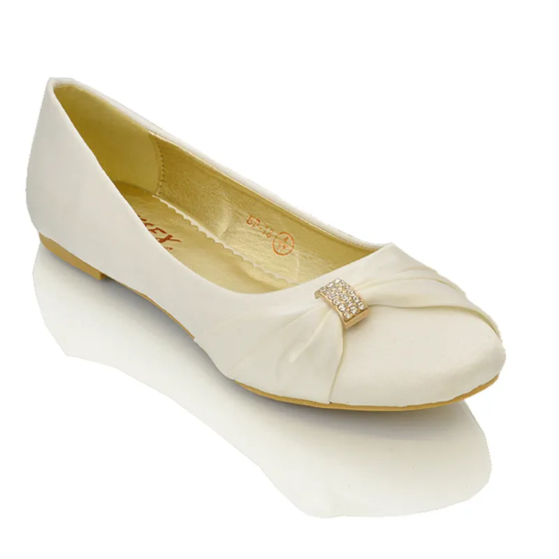 GABRIELA FLAT RUCHED DIAMANTE SPARKLY BROOCH CLASSIC WEDDING BRIDAL BALLERINA PUMPS IN IVORY SATIN sold by XYlondon