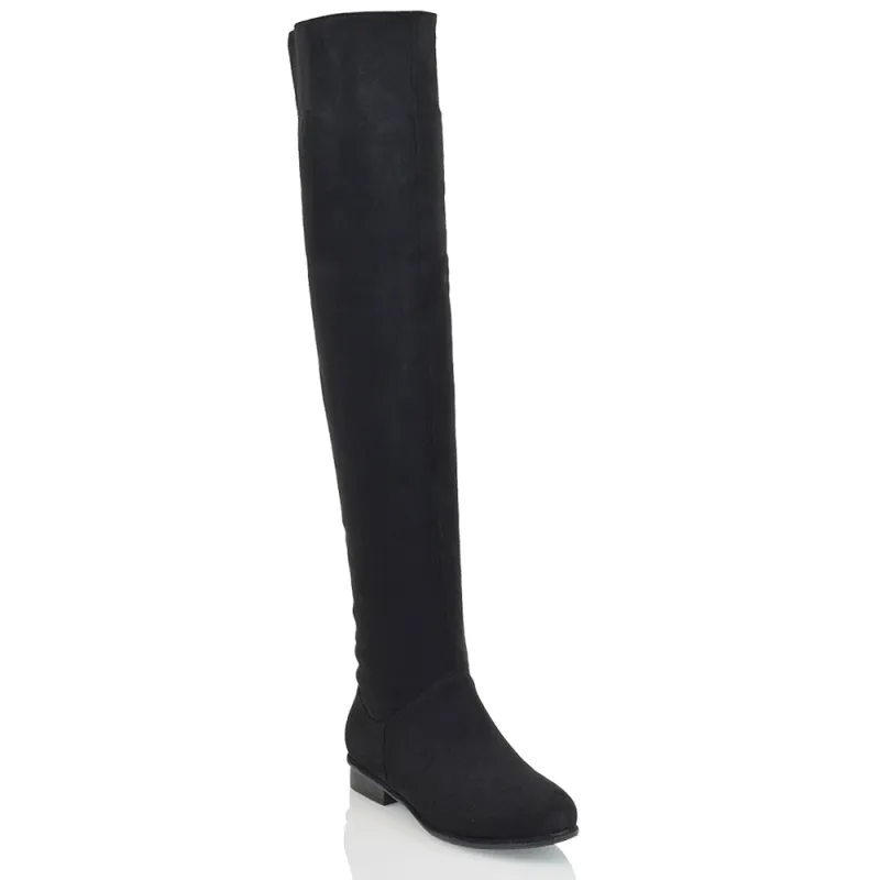 IVY FLAT LOW BLOCK HEEL THIGH HIGH OVER THE KNEE BOOTS IN BLACK FAUX SUEDE made by XYlondon
